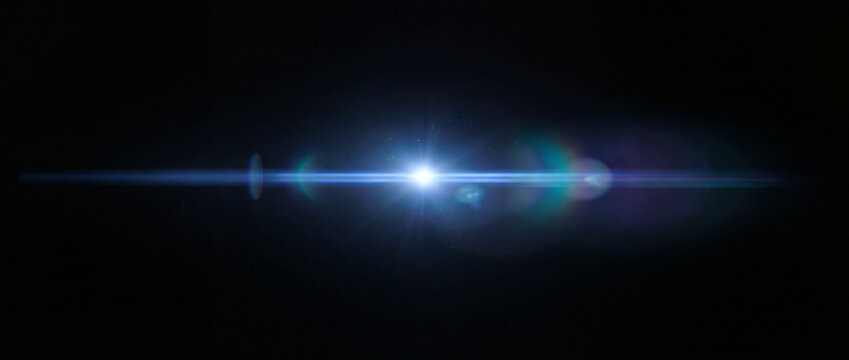 Anamorphic blue lens flare overlay with horizontal light streaks, subtle dust particles, and soft bokeh on a black background for cinematic video editing and creative design