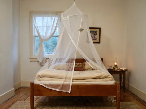 Cozy bedroom with white mosquito net over bed