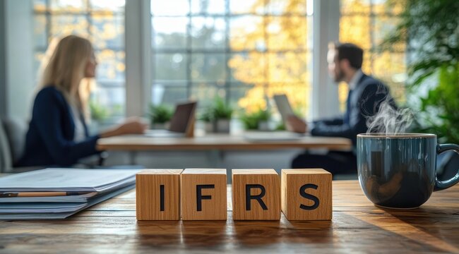 wooden blocks spelling ifrs on office table with steaming coffee mug and two blurred colleagues at laptops, calm focused professional atmosphere