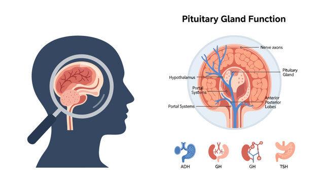 Human Brain Anatomy Infographic Pituitary Gland Function Diagram with Hormone Labels and Head Silhouette ideal for medical education and healthcare presentations.