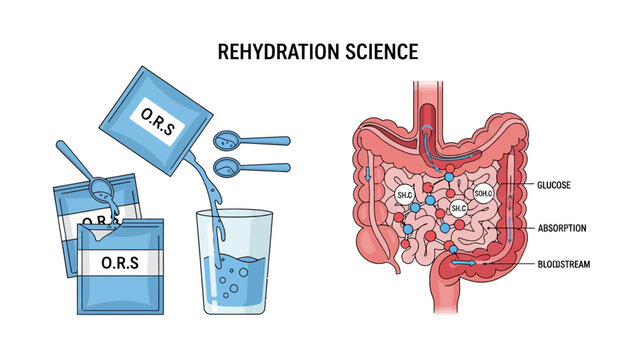 Medical Rehydration Infographic with O.R.S powder mixing and intestinal absorption diagram. Ideal for healthcare education and medical blogs.