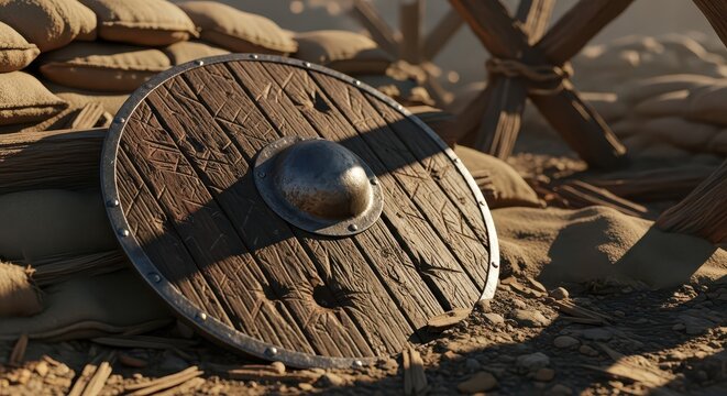 Discarded Wooden Viking Shield in Battlefield Setting