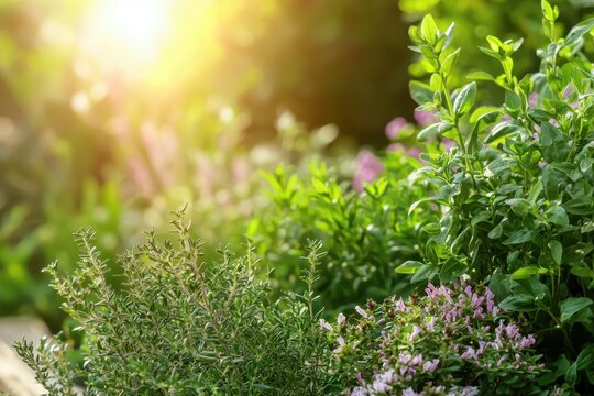 Herb garden thyme flower green leaf sunlight spring bloom plant aroma fresh