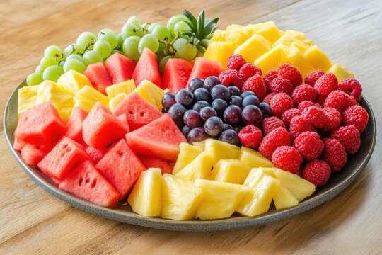 Fresh fruit platter with watermelon grape pineapple raspberry blueberry on plate