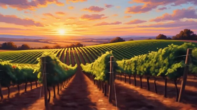 A scenic view of a lush vineyard during a vibrant golden sunset