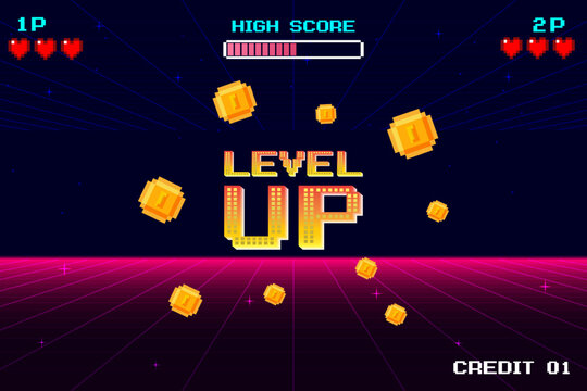 Level up. pixel art 8 bit. Retro Futurism Sci-Fi Background. glowing neon grid. and stars from vintage arcade computer games.