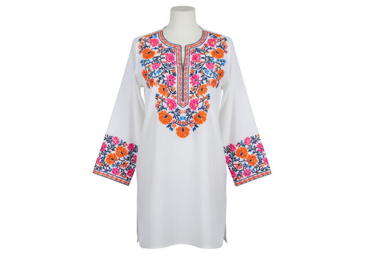 White tunic dress with colorful floral embroidery