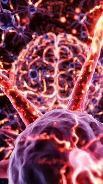 Glowing Neuron Synapse Connection Abstract Brain Network - A close-up view of a glowing neuron cell with radiating tendrils connecting to a larger, abstract representation of a neural network.