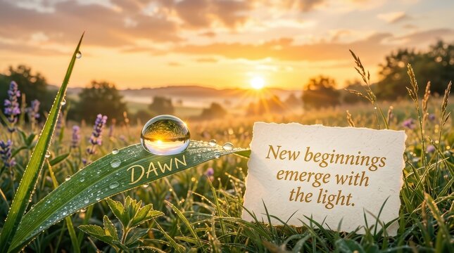 Golden dawn sky sunrise over misty meadow with dewdrop and inspirational quote