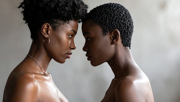 Two women with dark skin are intimately close, forehead to forehead, gazing into each other's eyes, a portrait of connection