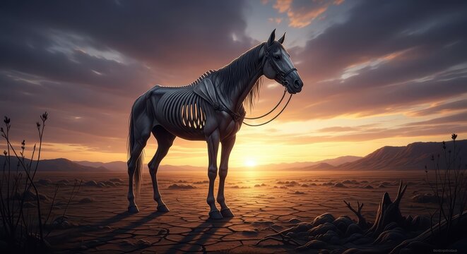 Eerie Skeletal Warhorse Standing in a Barren Desert Sunset
