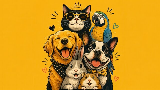 cute pets, happy pets, pet portrait, pet illustration, dog, cat, parrot, rabbit, hamster, French bulldog, golden retriever, macaw, cute animals, funny animals, smiling pets, pet family, domestic anima
