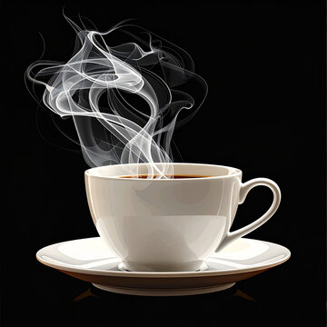 Steaming cup of coffee with white smoke against black background