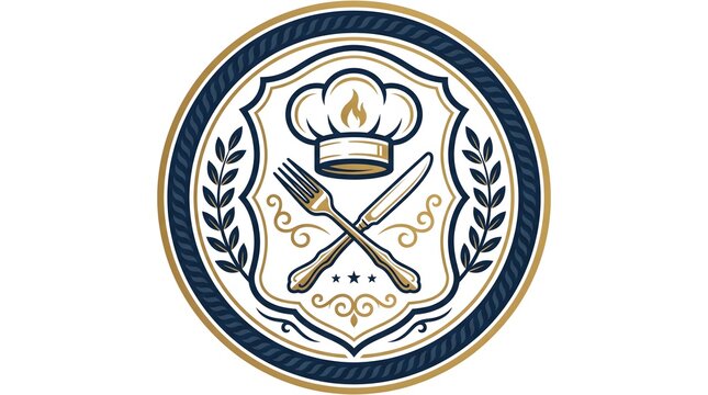 Vintage culinary emblem and restaurant logo design featuring a chef hat with a flame symbol, crossed fork and knife utensils and elegant filigree ornaments