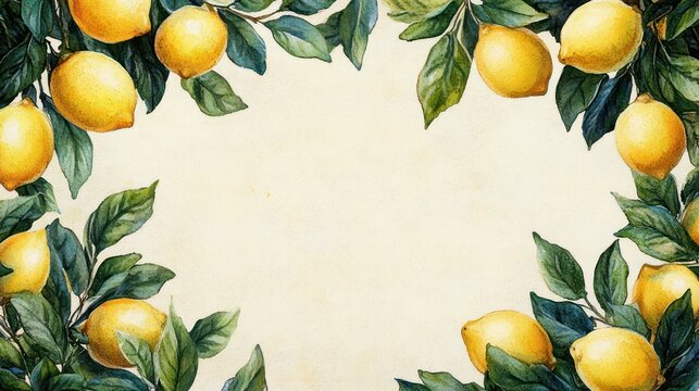 Watercolor lemon branches and green leaves forming a decorative border around a blank textured background, evoking a fresh cheerful summer mood