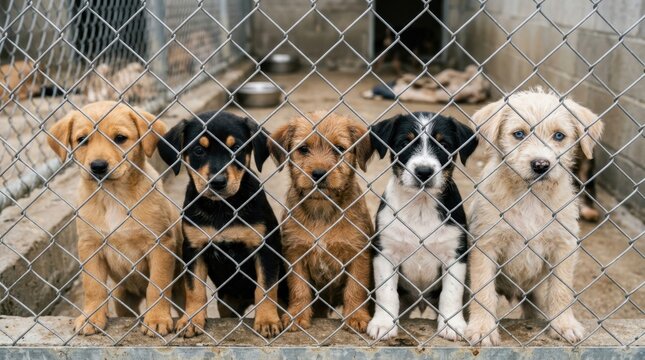 Adorable mixed-breed puppies waiting behind a metal fence in an animal shelter kennel, looking for a new home and family, highlighting the importance of pet adoption and animal rescue charity works