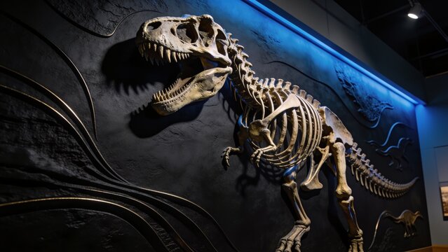 Dark dinosaur fossil wallpaper with sleek neumorphic embossing, blue accent lighting and metallic textures for a premium prehistoric backdrop.