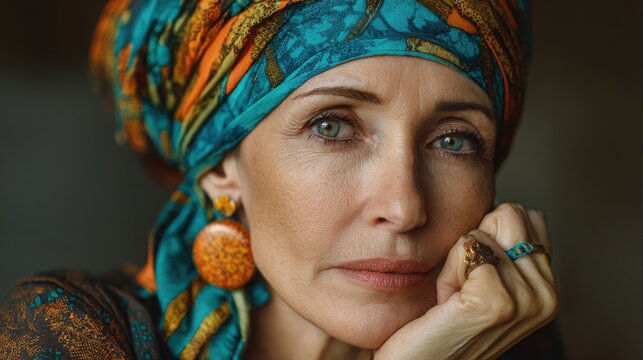 Elegant mature woman wearing a vibrant turquoise, orange and yellow patterned headscarf and large round earrings, thoughtful expression, resting her