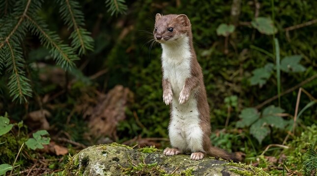Alert bipedal stance capturing the vigilant expression and snowy underbelly of a rare least weasel mustela nivalis