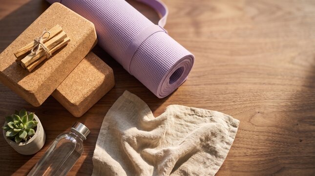 Yoga accessories including a purple rolled mat, cork blocks, and a succulent are arranged on a wooden floor in natural light for wellness websites, fitness blogs, and lifestyle advertising.