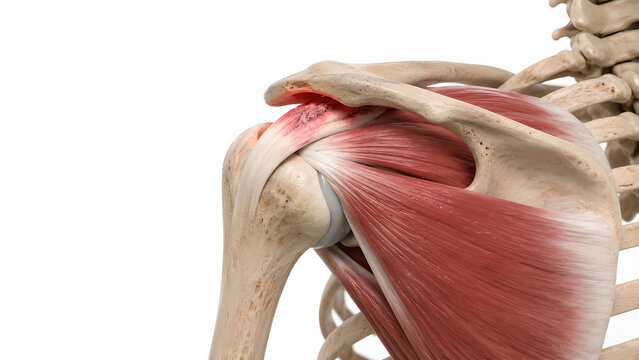 Shoulder impingement syndrome with inflamed supraspinatus tendon, photorealistic 3D anatomical medical illustration on white background for healthcare, radiology, and patient education use