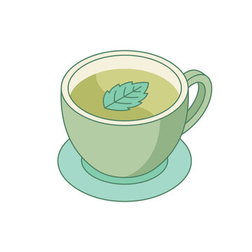Hand drawn illustration of a green ceramic cup filled with herbal mint tea on a matching saucer.