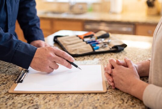 Handyman discussing home repair quote with resident in kitchen