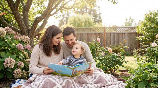 Happy family reading storybook together on blanket in backyard flower garden.