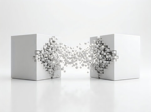 Two white cubes breaking apart with small gray cubes flying out