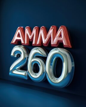 shiny metallic foil balloons spelling AMMA above large silver 200 against a deep blue backdrop, festive celebratory and triumphant mood