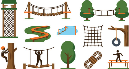 Cartoon adventure park adventure elements vector set with rope bridge climbing net and obstacle courses © Shukimon
