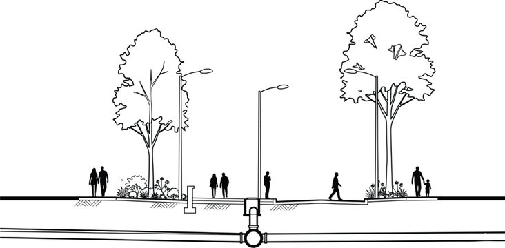 Architectural street section drawing, urban landscape design with trees and pedestrians, city planning vector illustration with street lights