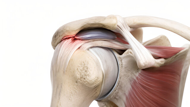 Shoulder impingement syndrome with narrowed subacromial space in photorealistic 3D anatomy render, showing rotator cuff compression for medical education, healthcare, radiology, and patient education