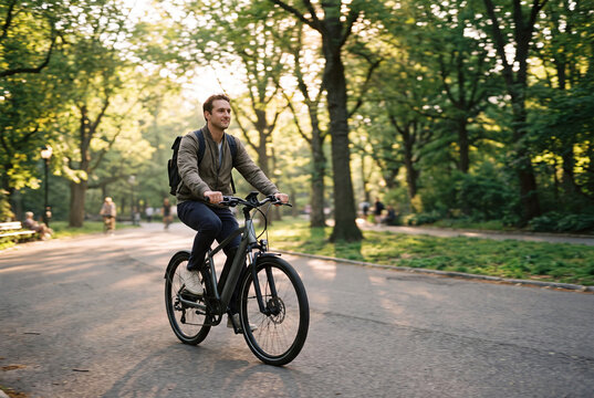 Young man riding electric bicycle on park path