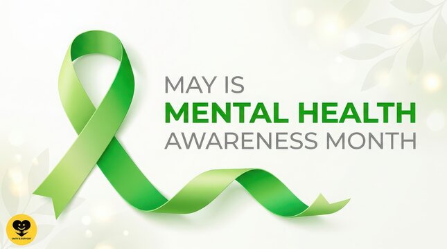 Green Ribbon and Text Announcing May as Mental Health Awareness Month image photo