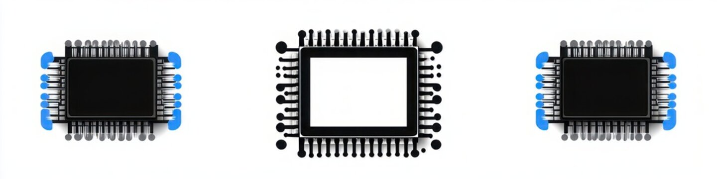 Three stylized integrated circuit components: two black rectangular microchips with blue side accents flanking an empty chip socket with surrounding pins, conveying precise modern technology
