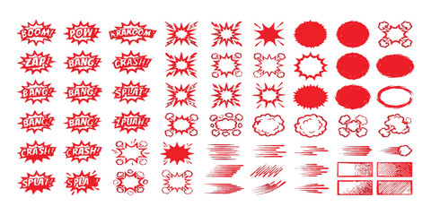 Set of comic book explosion speech bubbles and action sound effects for graphic design © Sharmin