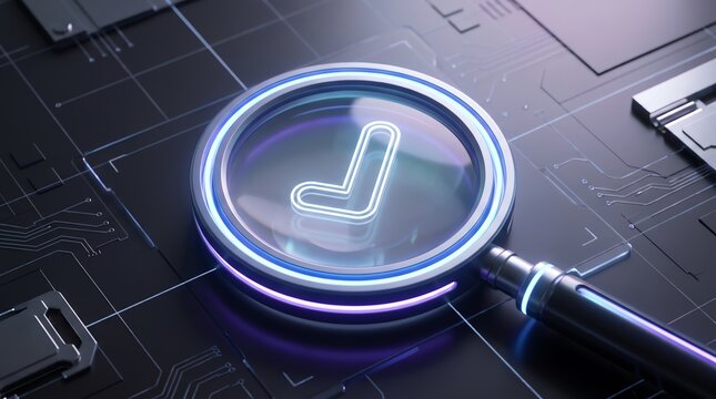Futuristic neon magnifying glass on dark technical surface with glowing checkmark symbol for security verification