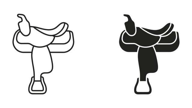 Saddle Icon Set: A graphic representation of a western saddle, presented in both outline and solid black silhouette, symbolizing equestrian activities and the spirit of the wild west.