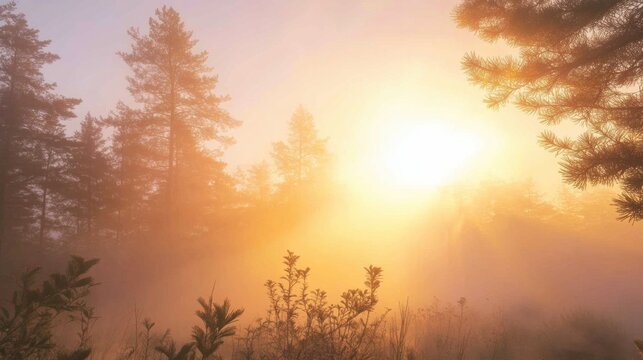 Golden sunbeams pierce foggy forest at sunrise light