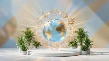 Global Charity and Humanitarian Aid Concept with Earth and Icons planet