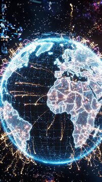 Glowing Digital Earth Global Network Data Stream - A futuristic digital globe displays a glowing network of data streams and energy trails encircling the planet.