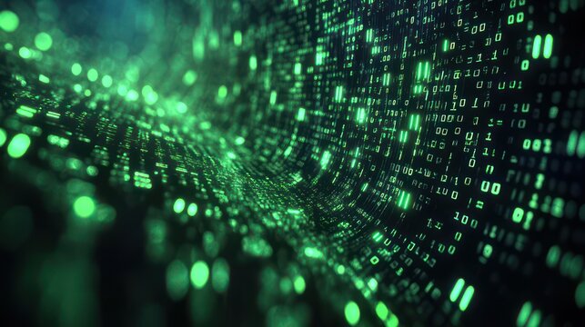 glowing green binary digits and lights flowing through a curved digital tunnel, immersive futuristic and mysterious energy
