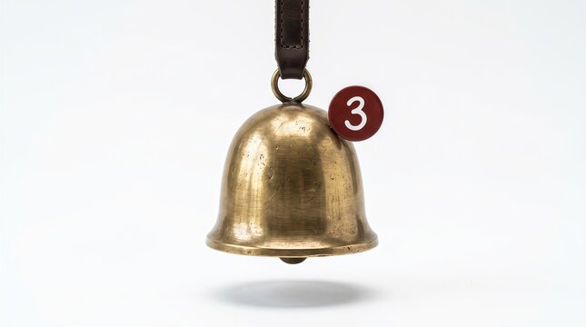 A brass bell hanging from a leather strap with a red number three tag isolated on white background