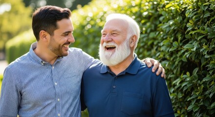 Fototapeta premium Joyful father and son sharing a laugh outdoors in warm sunlight surrounded by greenery, showcasing a strong family bond.