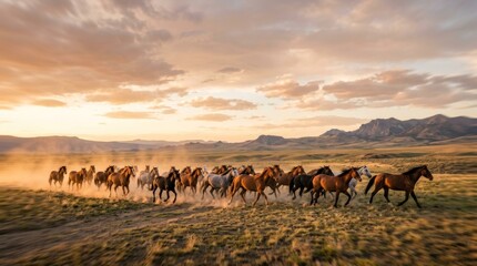 Fototapeta premium Herd of Horses Galloping Across Open Plains at Sunset in Wild West