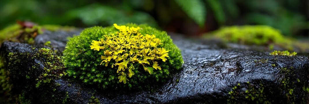 Vibrant yellow lichen and lush green moss cushion growing on a wet dark stone surface on the forest floor of a damp temperate rainforest ecosystem with soft bokeh