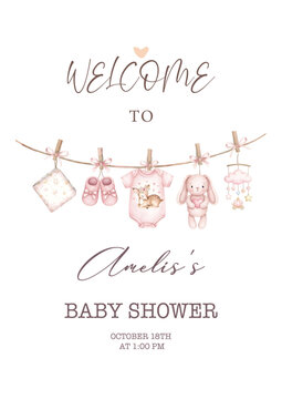 Sweet Pink Baby Girl Clothesline Baby Shower Invitation