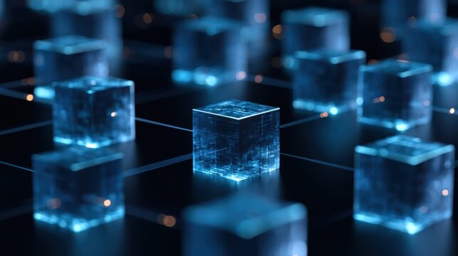 Abstract glowing blue cubes network on transparent background