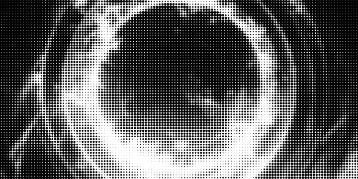 Black radial halftone circles. Dotted sound wave rings. Stippled epicenter, target, radar icon concept. Ripple concentric signal vibration element. Vector round dashed and dotted